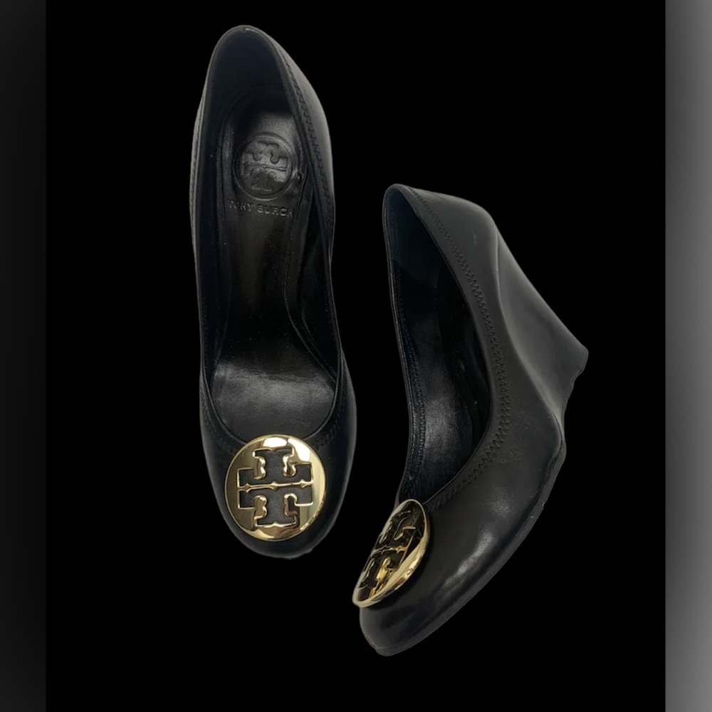 Tory Burch Black Leather Wedge Pumps with Gold Logo Medallions